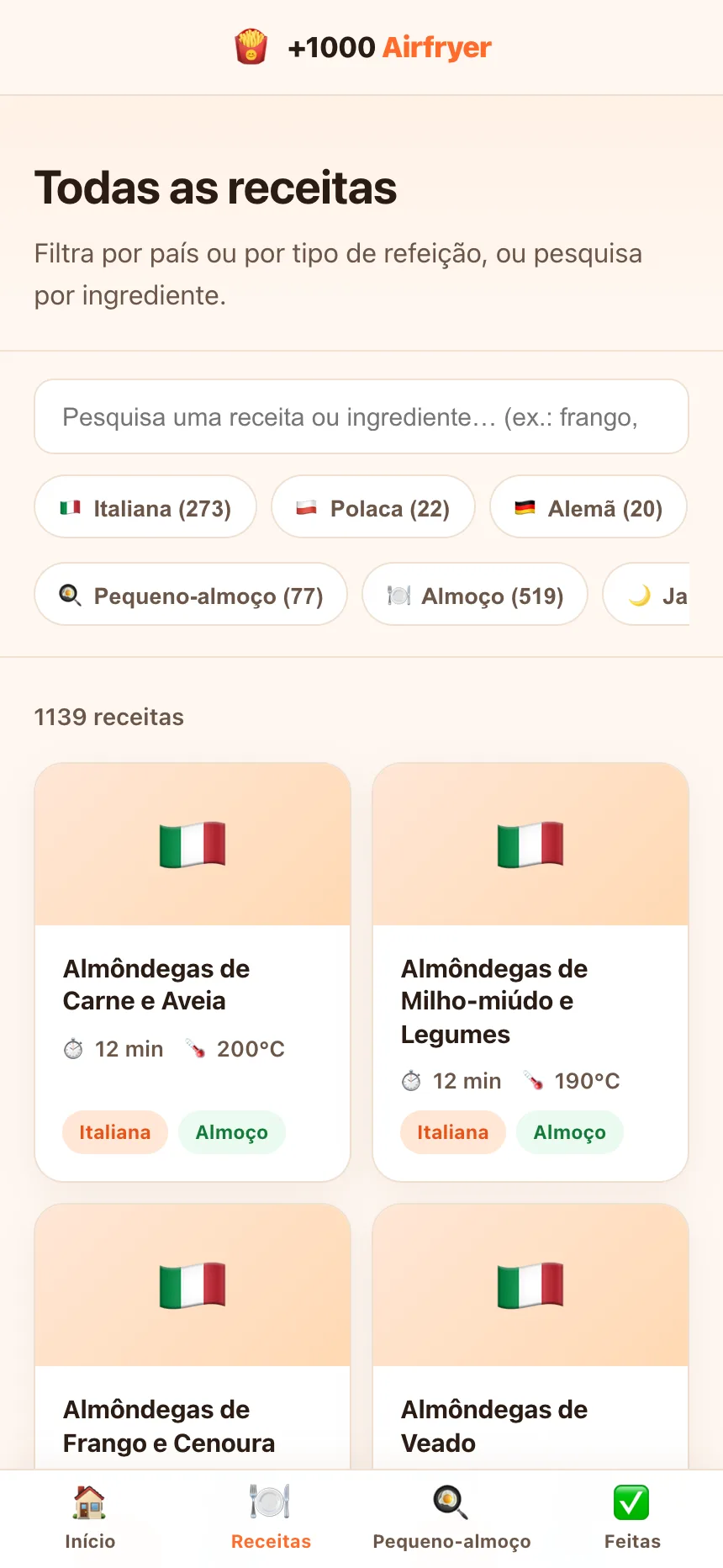 Lista de receitas com filtros por categoria e por refeição