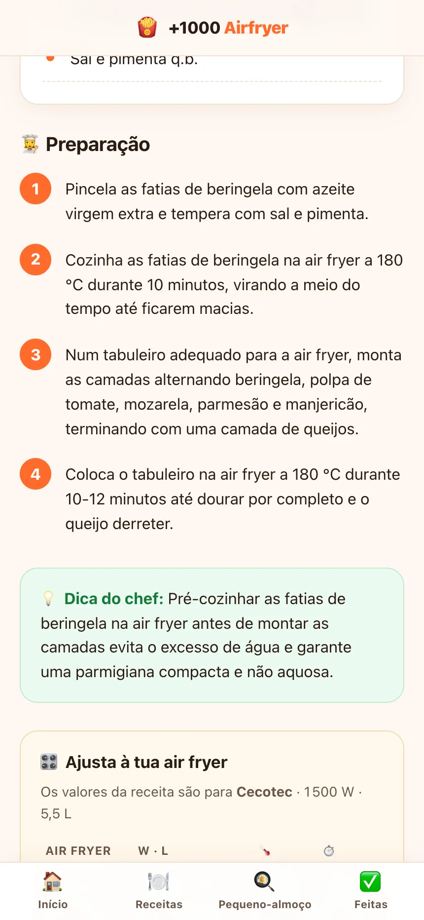 Passos numerados e a dica da chef