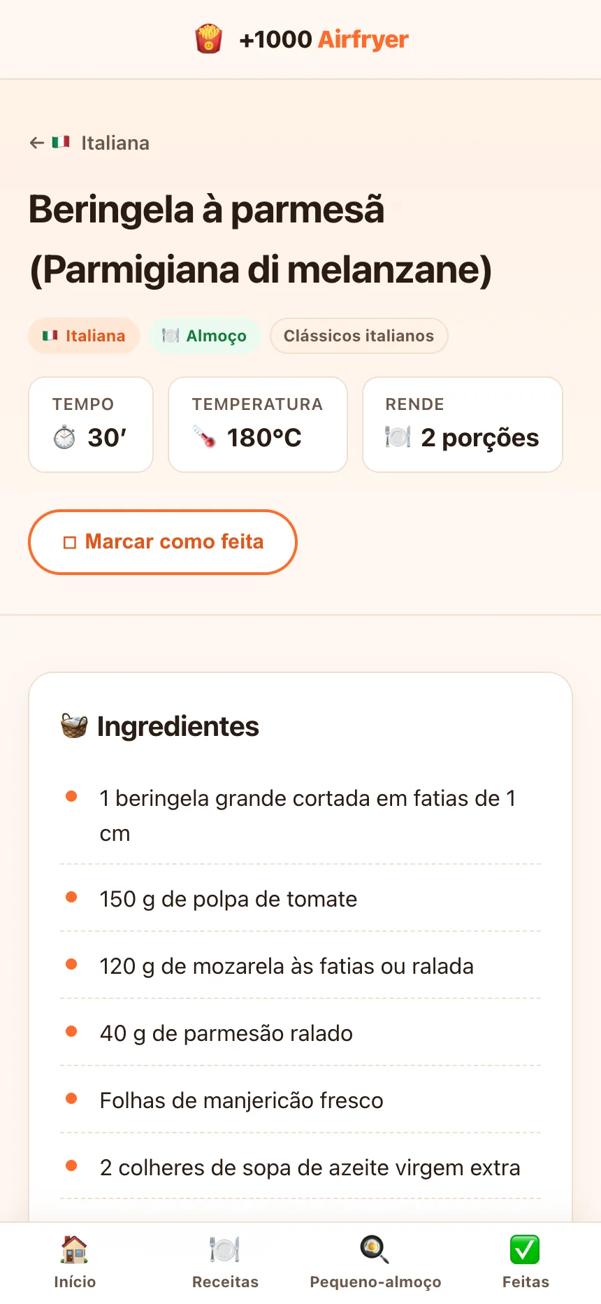 Ficha da receita com tempo, temperatura, doses e ingredientes