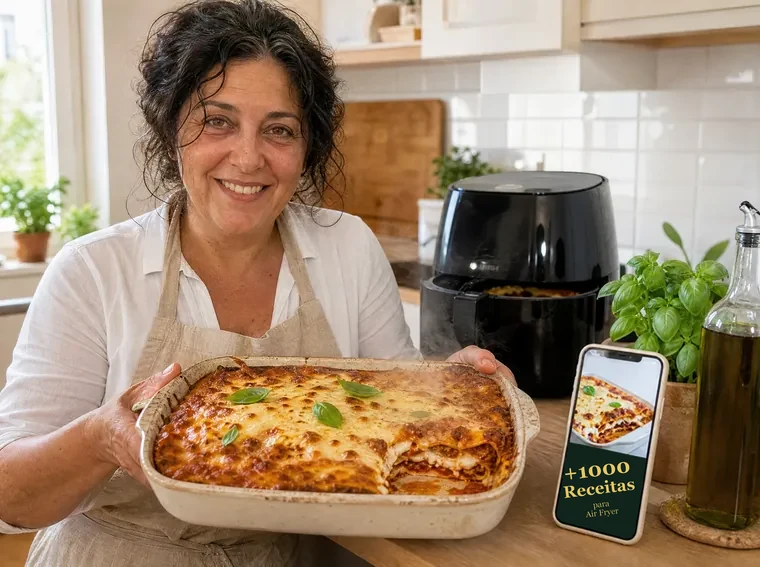 Chef Aurora com uma lasanha acabada de fazer na air fryer e o livro de receitas no telemóvel